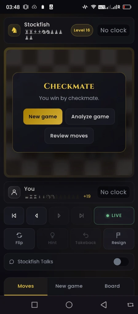 Stockfish Level 16 Checkmate Victory Modal